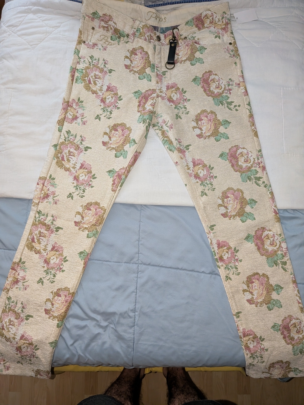 PRPS Primrose jacquard Slim Jeans in Cream with Pink & Green Accents size 36